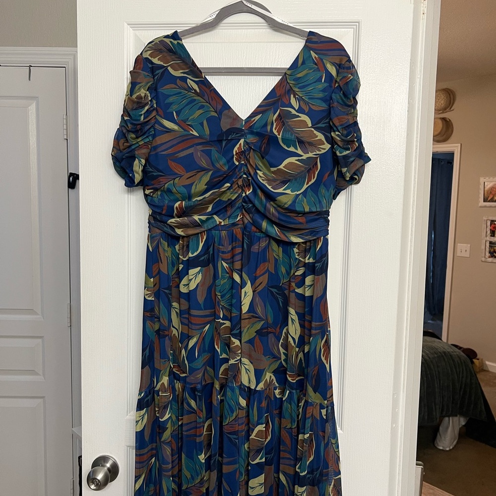 Nicole Miller Navy Multi-Leaf Print V-Neck Maxi Dress